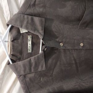 Batik Bay Dark Olive Green Tropical Weave Cloth Button Down Short Sleeve Shirt L